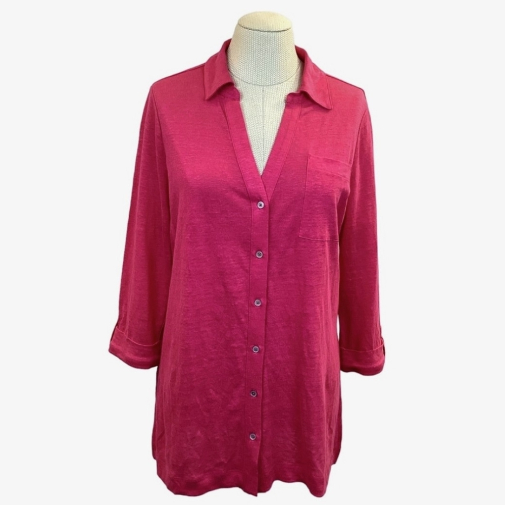 Chico’s 100% Linen Pink Lightweight Button Down Shirt Cardigan Size 2 Large 12